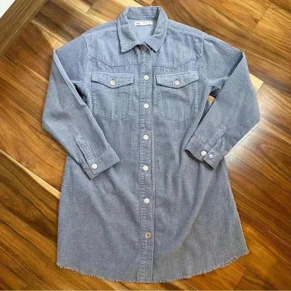 Zara Corduroy Powder Blue Button Down Tunic/Long Top Small​​ - Picture 1 of 9